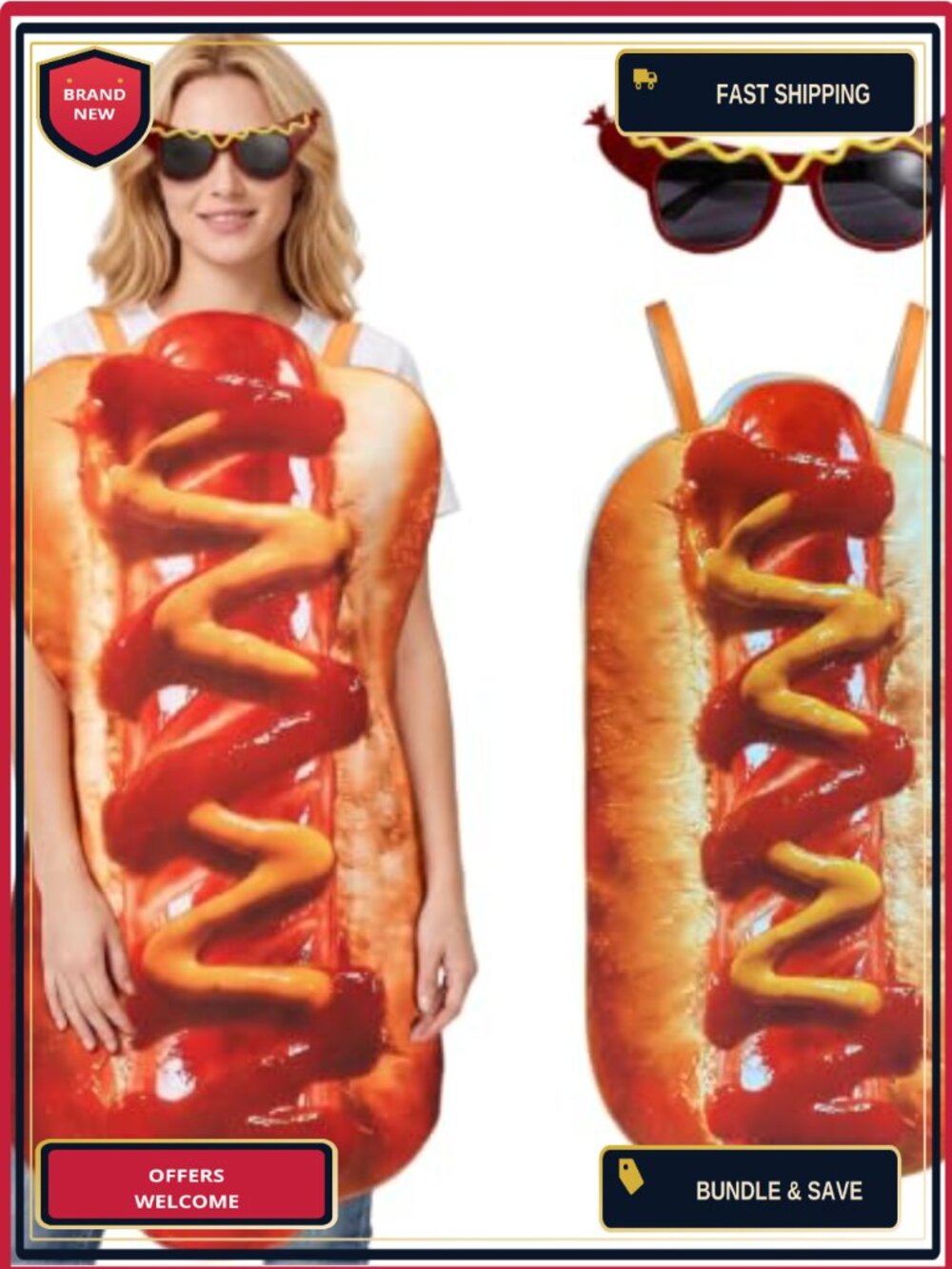 Adult Hot Dog Costume 2Pc Funny Food Halloween Cosplay Outfit